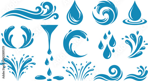 Collection of stylized blue water droplets and splash designs