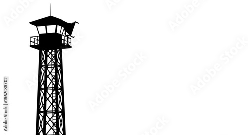 Guard Tower Silhouette with Spotlight Vector Illustration Isolated on White Background