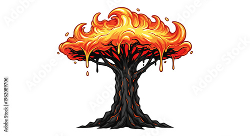 Fantasy Tree with Molten Lava Crown Vector Illustration Isolated on White Background