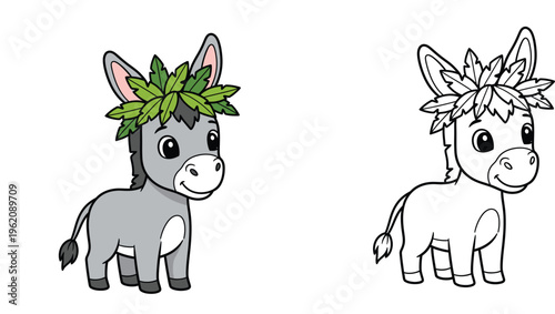 Adorable Baby Donkey with Leaf Wreath - Symbol of Palm Sunday and Innocence