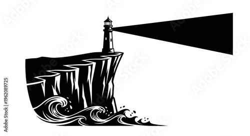 Minimalist White Vector Silhouette of a Lighthouse on a Rugged Cliff for Maritime and Coastal Design