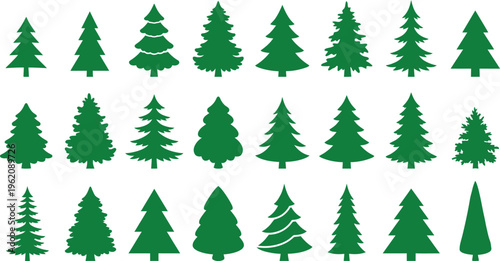 Collection of various green christmas tree silhouettes on white background