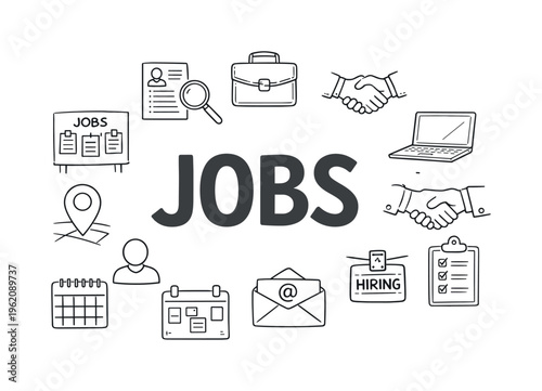 Job search and recruitment process concept focused on finding opportunities, applying for positions, and connecting candidates with employers in a competitive market. JOBS title