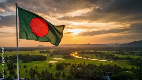 bangladesh national flag waving on the wind with the panorama in the background