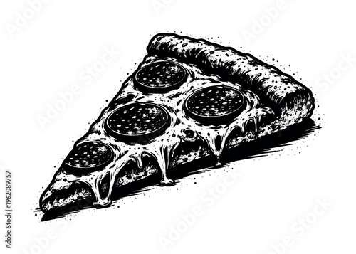 A realistic slice of pepperoni pizza with bubbling cheese and crisp crust shown in dramatic three-quarter perspective, enlarged to fill most of the frame and