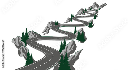 Winding Mountain Road Vector Illustration, Curved Path through Hill Landscape on White Background, Minimalist Travel and Adventure Route Design
