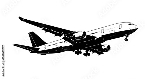 Vector Illustration of a White Passenger Airplane Silhouette with Wide Wings Stencil Design