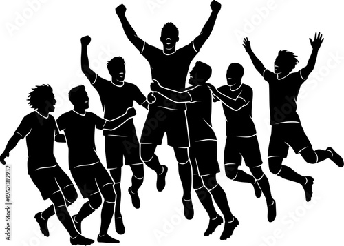 Enthusiastic team players leaping in triumphant celebration, showcasing victory and joy