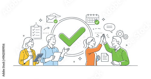 A business validation scenario where teams confirm successful completion of tasks and approvals within structured workflows in a professional environment, visualized through a