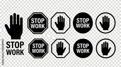 Black and colored "STOP WORK" safety signs with hand gesture symbols, varied shapes, transparent background, versatile for workplace hazard communication.