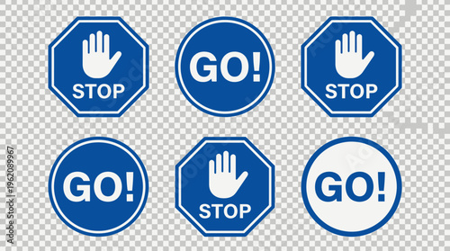 Blue traffic-style "STOP" and "GO!" signs in octagonal and circular shapes, bold white text, transparent background, versatile for safety communication.