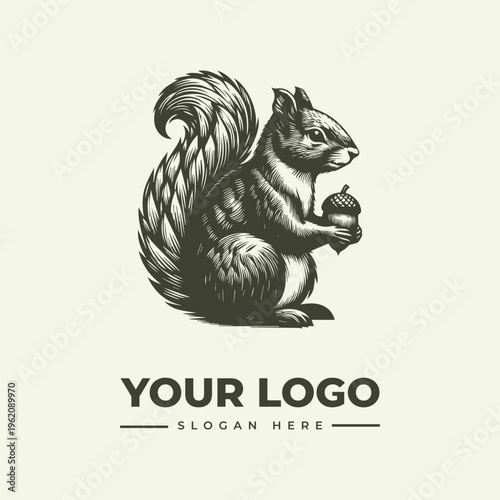 A vintage engraving-style illustration of a squirrel holding an acorn, with the text 'YOUR LOGO' and 'SLOGAN HERE' on a clean white background, featuring a woodcut and icon design.