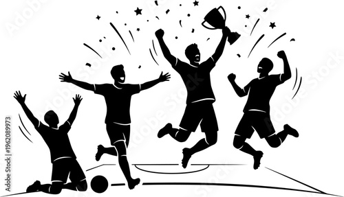 Soccer Players Celebrating Victory with a Trophy and Confetti