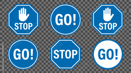 Blue traffic-style "STOP" and "GO!" signs in octagonal and circular shapes, bold white text, transparent background, versatile for safety communication.