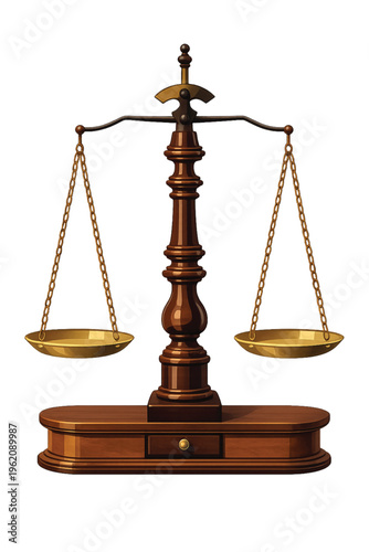 Antique brass scales of justice isolated on a white background representing a golden symbol of law, legal equality, and the measurement of weight in a 3d court judgment concept