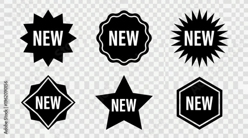 Minimalist black and white "NEW" labels in varied geometric shapes, bold typography, transparent background, versatile for marketing, product promotion, branding.