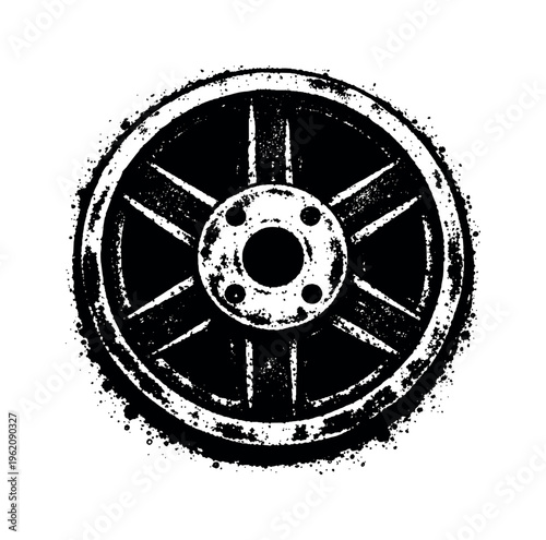 A heavy industrial pulley wheel shown in direct frontal view, centered so the circular wheel and central hub fill most of the frame, creating a bold mechanical