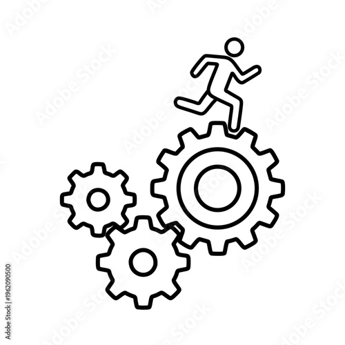 歯車の上を走る人物のラインアイコン