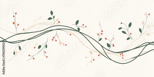 An abstract continuous line illustration depicting intertwining branches adorned with a mix of leaves and small blossoms.