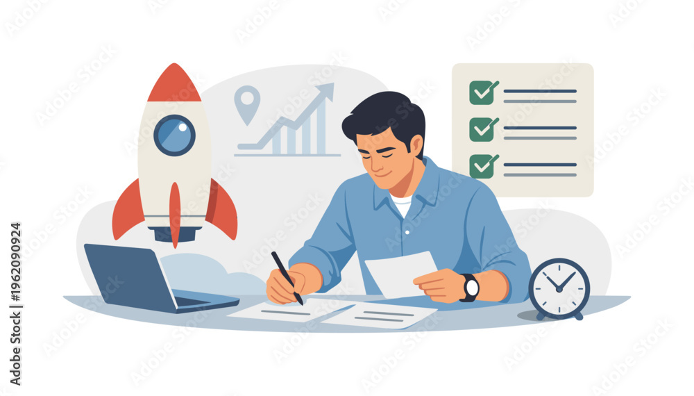 Fototapeta premium A product launch preparation and go-to-market coordination scene showing a focused team member finalizing plans beside a simple rocket symbol and a minimal checklist element