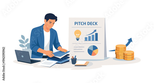 A startup funding preparation and investor readiness scene showing an ambitious founder organizing materials beside a simple pitch deck sheet and a minimal coin investment symbol