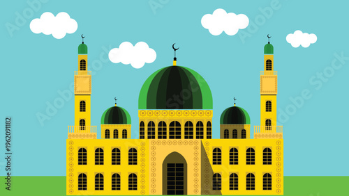 A vector illustration of a mosque landmark featuring architectural towers and building silhouettes set against a city skyline travel icon design