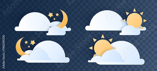 Minimal weather icon set with sun, moon and clouds in clean flat style. Perfect for apps, forecasts, UI design and digital interfaces.
