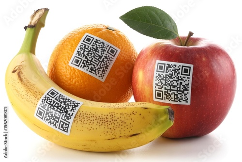 Colorful fruits with QR codes showcasing modern branding and marketing techniques in the food industry.