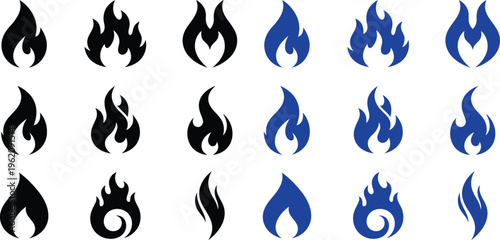 Collection of black and blue flame icons in various styles and shapes