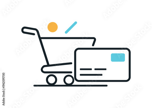 Convenient retail experience and making quick consumer purchases in modern lifestyle situations, a clean shopping cart icon combined with a simple credit card shape symbolizing