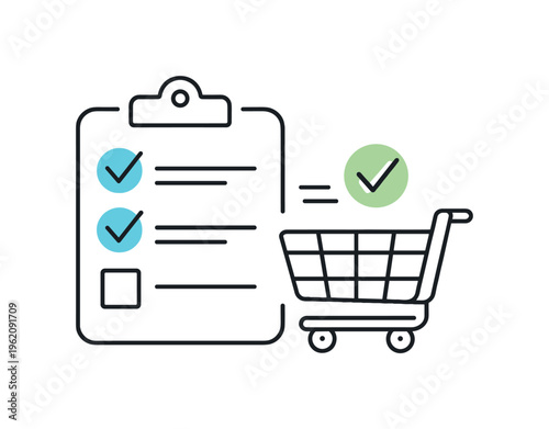 Simple purchase planning and preparing to make convenient consumer decisions through modern retail behavior, a clean comparison checklist combined with a small shopping cart icon