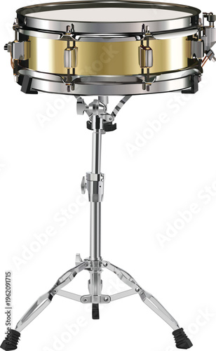A professional snare drum percussion instrument kit isolated on a white background for a rock band or jazz musician to play a rhythmic roll during a live concert stage entertainment
