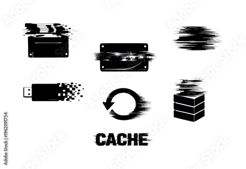 Digital memory and storage decay concept  a set of five glitch-distorted monochrome symbols floating as isolated specimens on a perfectly clean white