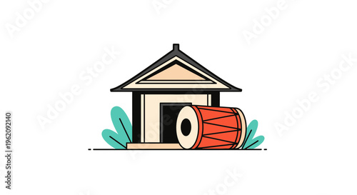 Traditional Dhol Drum Instrument Beside a Building with Decorative Leaves