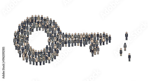 A group of human figures forming a key shape on a black background, symbolizing access and solutions