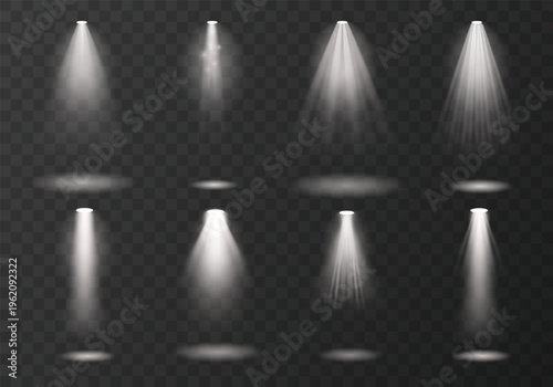 Set of realistic spotlight beams and stage lighting effects isolated on transparent background. Perfect for overlays, presentations, stage design, events and dramatic lighting compositions.