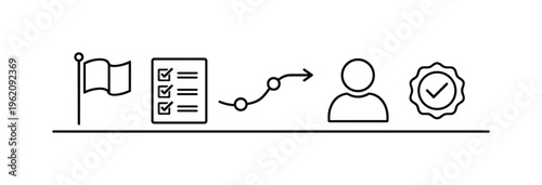 Simple onboarding process and step by step user guidance for smooth introduction to a service or product, flag, checklist sheet, arrow path, user profile icon, and checkmark badge