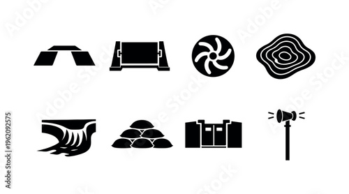 Flood defense engineering: levee crest embankment ridge, movable barrier gate slab, pump station impeller wheel, inundation contour map lines, overflow spill channel bend, sandbag