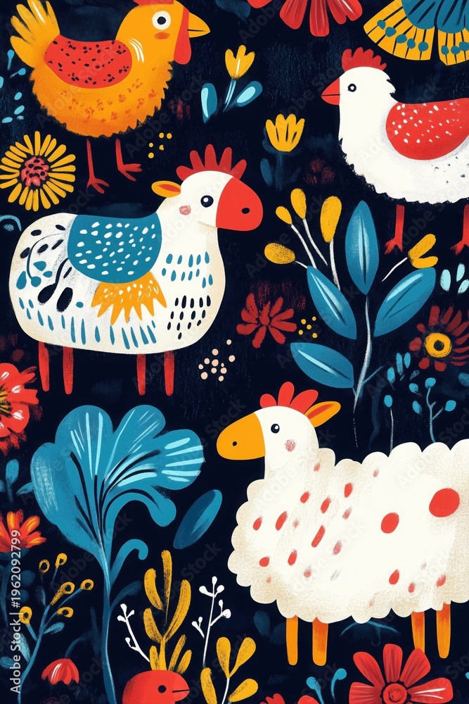 Obraz premium A colorful, whimsical illustration featuring cows, chickens, and sheep with patterns and stylized shapes, inspired by folk and traditional art.