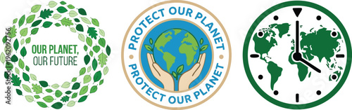 Web Earth Day Vector Set with Climate Change Clock, Leaf Wreath Frame and Protect Our Planet Badge Icons