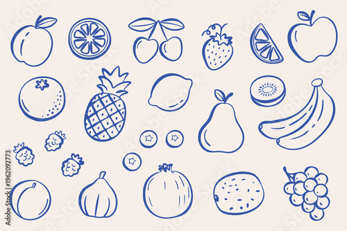 Naive hand drawn fruit set in doodle sketch style. Minimal line art collection with apple, banana, citrus, berries and tropical fruits. Modern playful illustration for packaging, menu, stickers and pa