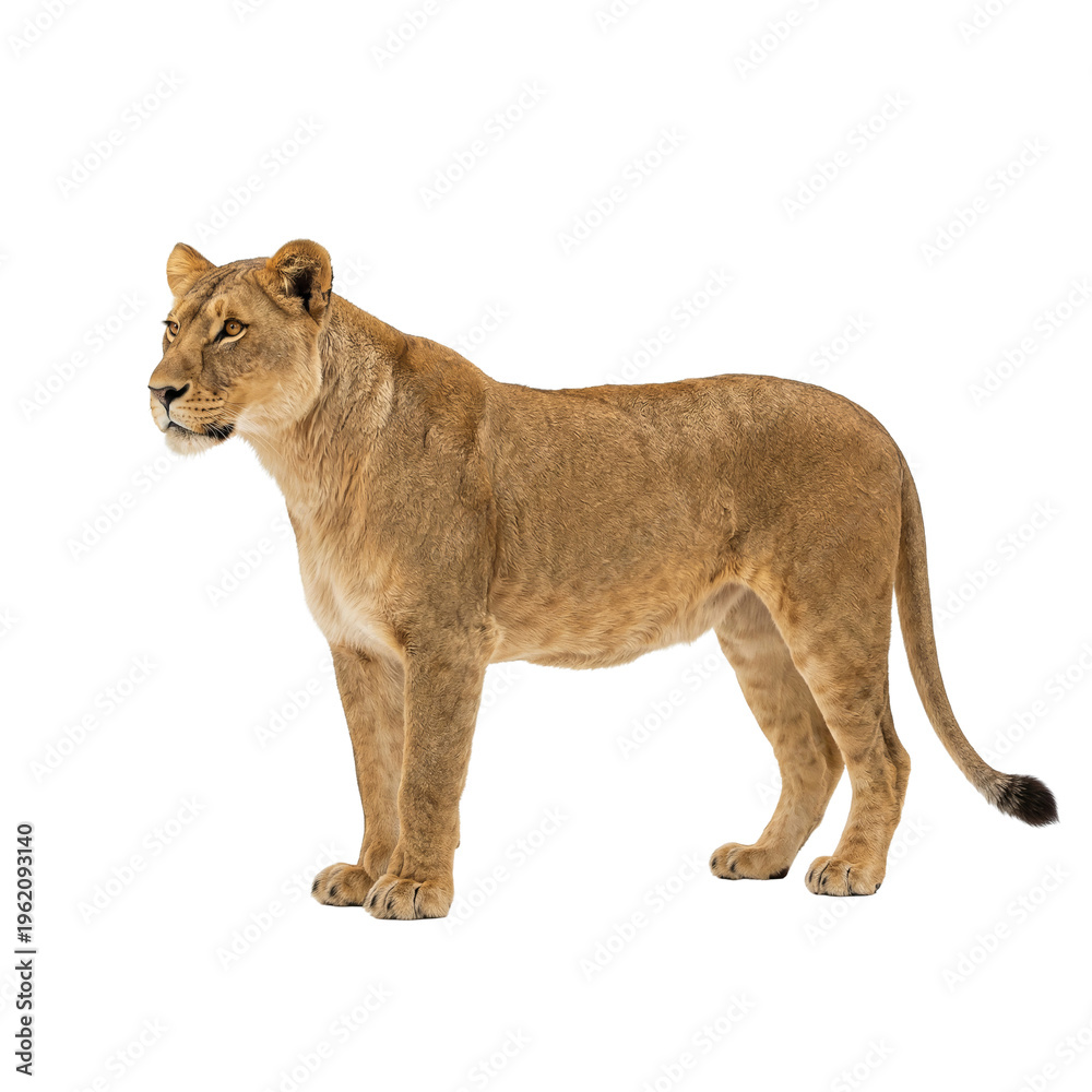 Obraz premium Graceful lioness standing alert and poised, embodying strength and wild beauty of the savanna, a stunning wildlife portrait Isolated on a Transparent Background PNG
