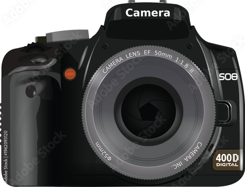 A vintage black digital SLR camera with a 35mm optical zoom lens and shutter focus equipment is isolated on a white background as a classic photography object