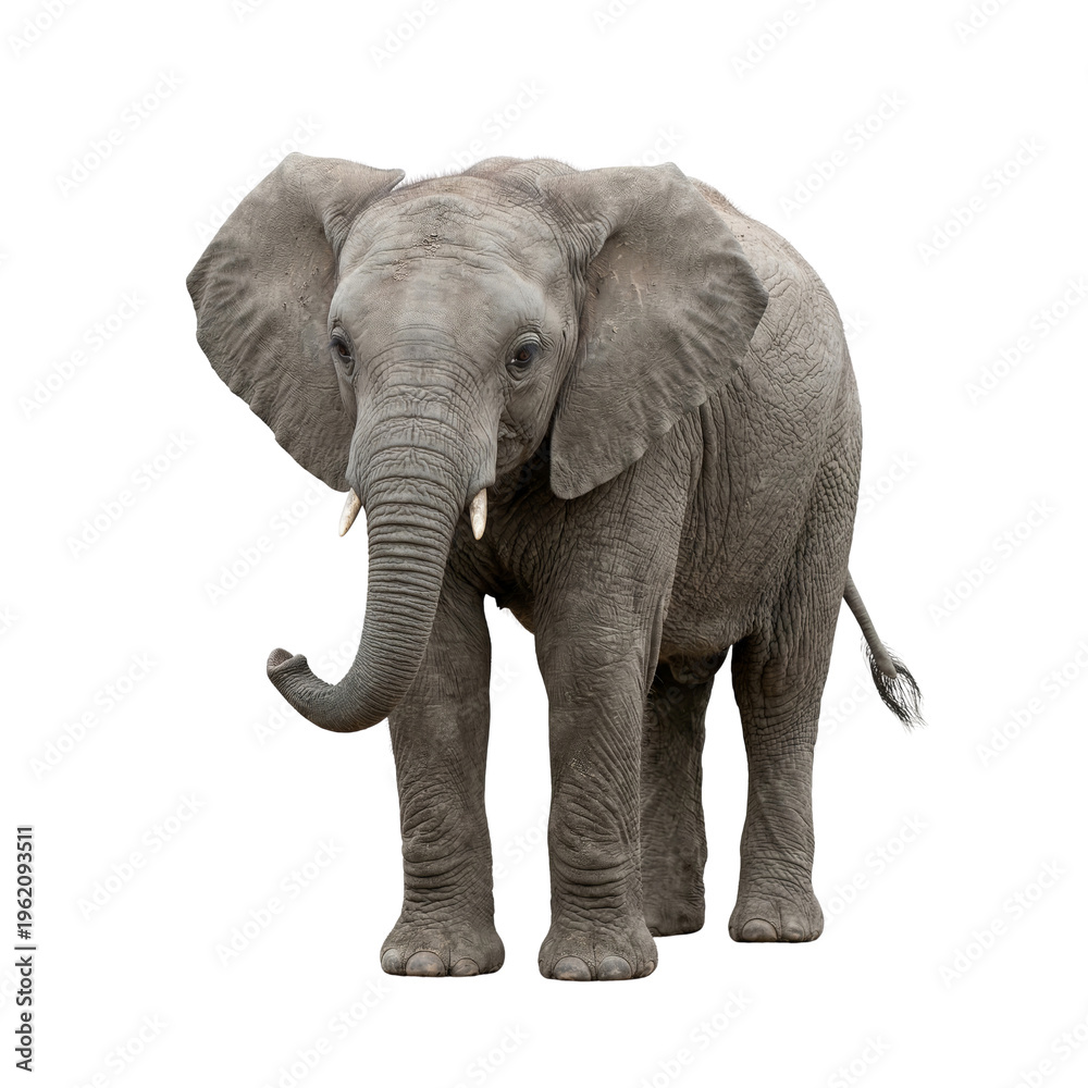 Obraz premium Adorable young African elephant calf standing majestically, captured in a detailed studio shot, Isolated on a Transparent Background PNG