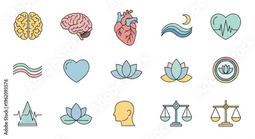 Collection of stylized flat icons representing human health and well being including abstract representations of the brain heart mind balance and nature elements like