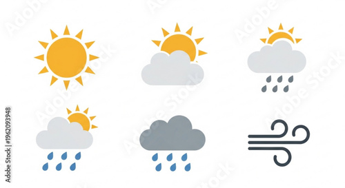 Diverse weather condition icons depicting sunshine partly cloudy skies with sun heavy rain clouds light rain showers dark storm clouds with rain and strong wind gusts