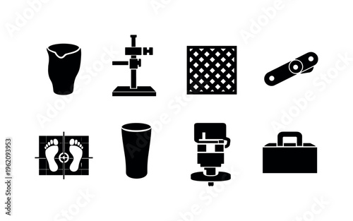 Prosthetics and orthotics fabrication: socket mold cast shell, alignment jig frame, carbon fiber weave panel, joint articulation hinge bar, gait calibration footprint grid