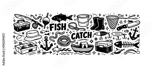 Fishing theme  a dense horizontal doodle collage of  hand-drawn fishing and outdoor hobby objects packed tightly together on a white background like a