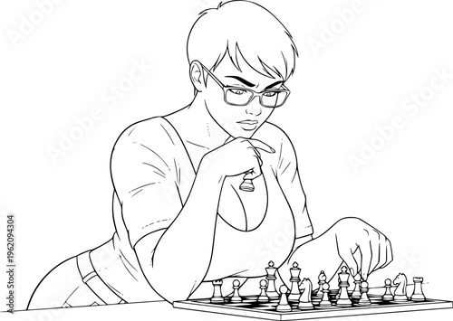 Black and white line art illustration of a young woman with glasses playing chess, focused female strategist thinking over a move on a chessboard isolated on white.