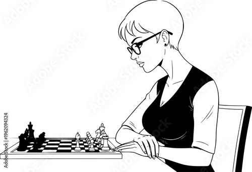 Black and white line art illustration of a young woman with glasses playing chess, focused female strategist thinking over a move on a chessboard isolated on white.